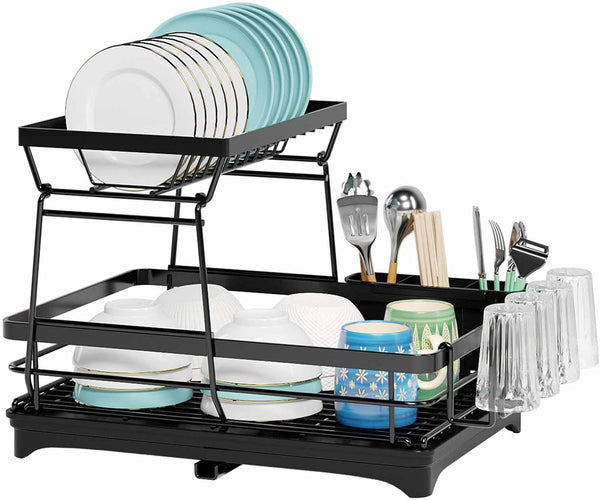 Carla Home 2 Tier Dish Drying Rack Kitchen Drip Tray Utensil Cutlery Holder Black