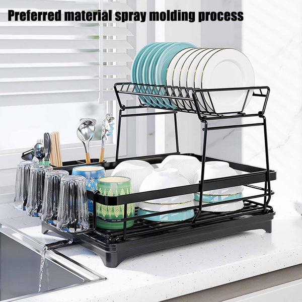 Carla Home 2 Tier Dish Drying Rack Kitchen Drip Tray Utensil Cutlery Holder Black