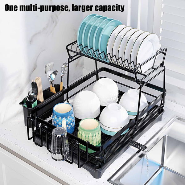 Carla Home 2 Tier Dish Drying Rack Kitchen Drip Tray Utensil Cutlery Holder Black