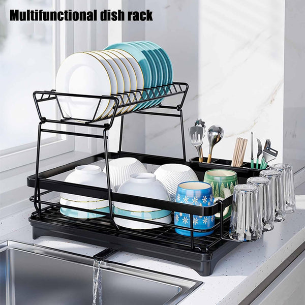 Carla Home 2 Tier Dish Drying Rack Kitchen Drip Tray Utensil Cutlery Holder Black