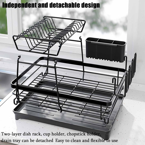 Carla Home 2 Tier Dish Drying Rack Kitchen Drip Tray Utensil Cutlery Holder Black