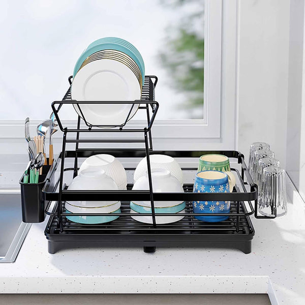 Carla Home 2 Tier Dish Drying Rack Kitchen Drip Tray Utensil Cutlery Holder Black