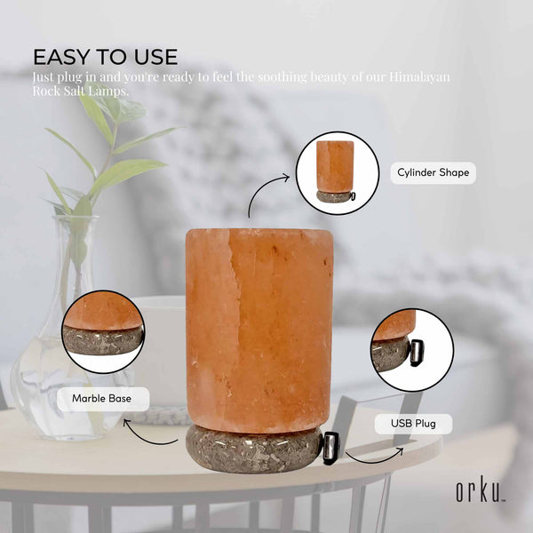 USB Himalayan Salt Lamp Cylinder Carved Shape Pink Crystal Rock LED Light
