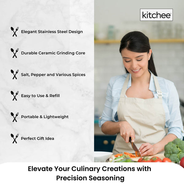 Kitchee Stainless Steel Salt Pepper Spice Grinder Mill Adjustable Coarseness