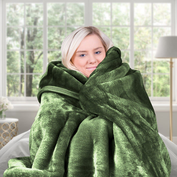 Laura Hill Double Sided Faux Mink Throw Rug Blanket 600gsm Green Queen