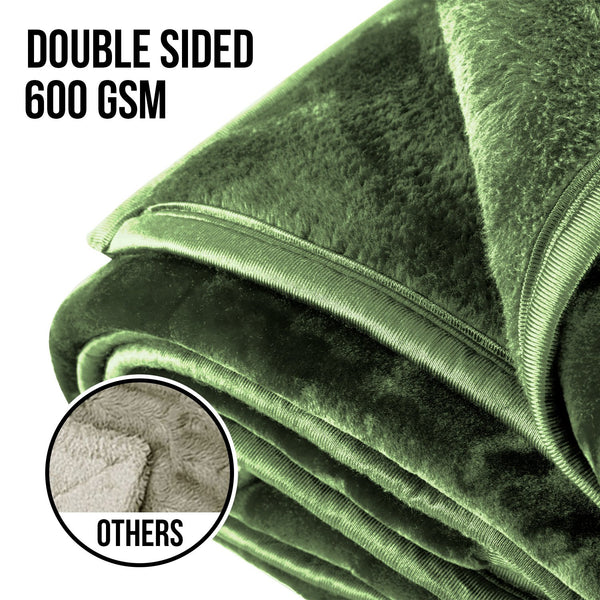 Laura Hill Double Sided Faux Mink Throw Rug Blanket 600gsm Green Queen