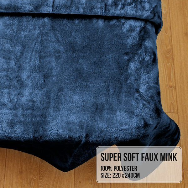 Laura Hill Double Sided Faux Mink Throw Rug Blanket 800gsm Blue Queen