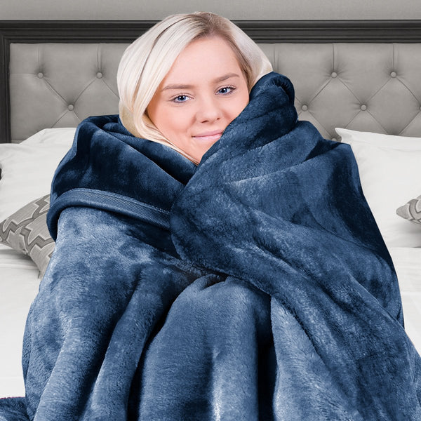 Laura Hill Double Sided Faux Mink Throw Rug Blanket 800gsm Blue Queen