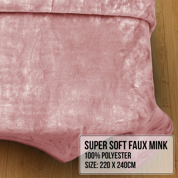 Laura Hill Double Sided Faux Mink Throw Rug Blanket 600gsm Pink Queen