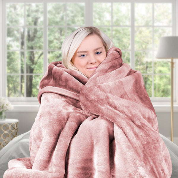 Laura Hill Double Sided Faux Mink Throw Rug Blanket 600gsm Pink Queen