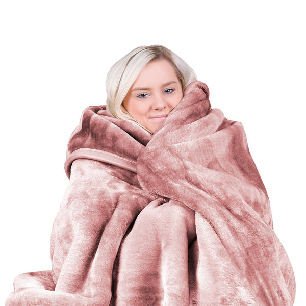 Laura Hill Double Sided Faux Mink Throw Rug Blanket 600gsm Pink Queen