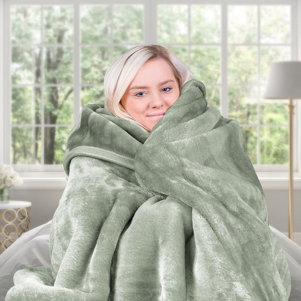 Laura Hill Double Sided Faux Mink Throw Rug Blanket 600gsm Sage Green Queen