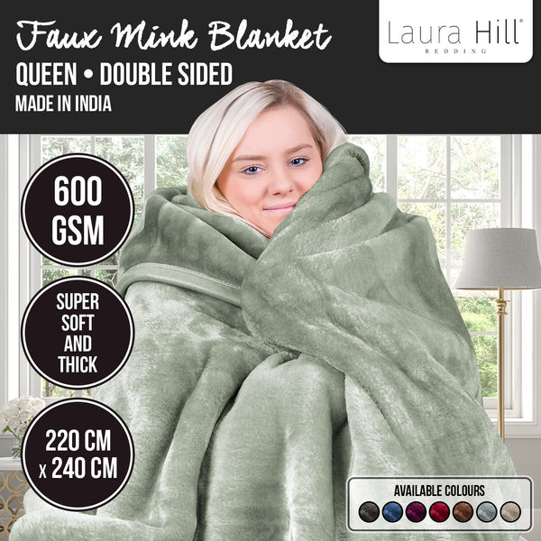 Laura Hill Double Sided Faux Mink Throw Rug Blanket 600gsm Sage Green Queen