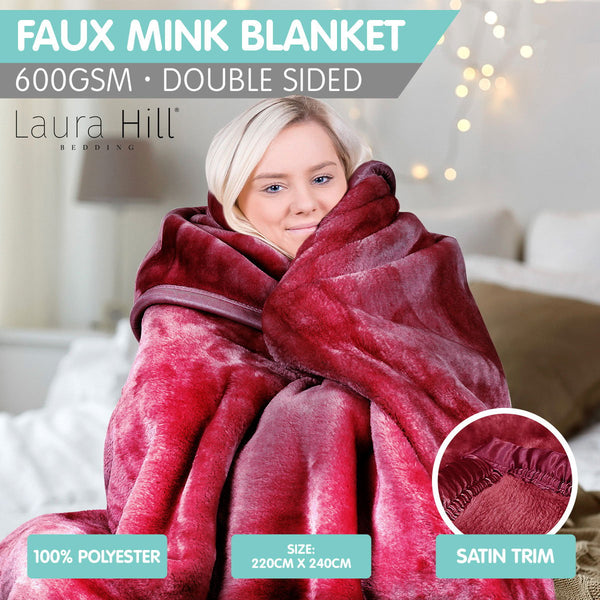 Laura Hill Double Sided 220 x 240cm Faux Mink Throw Rug Blanket 600gsm Red