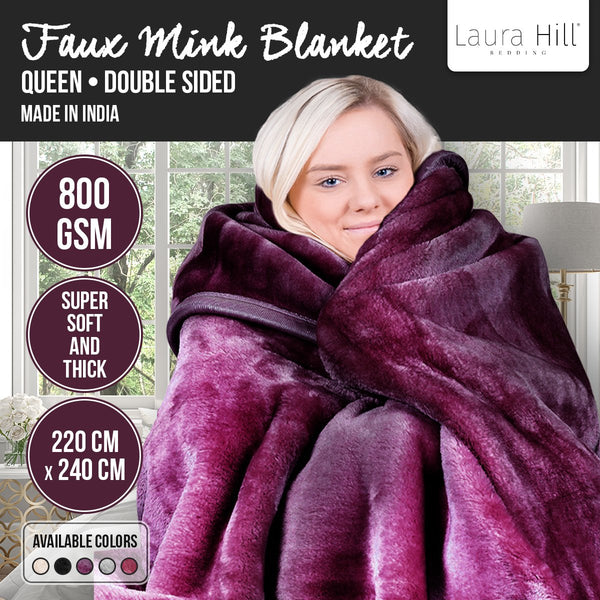 Laura Hill Double Sided 220 x 240cm Faux Mink Throw Rug Blanket 800gsm Purple