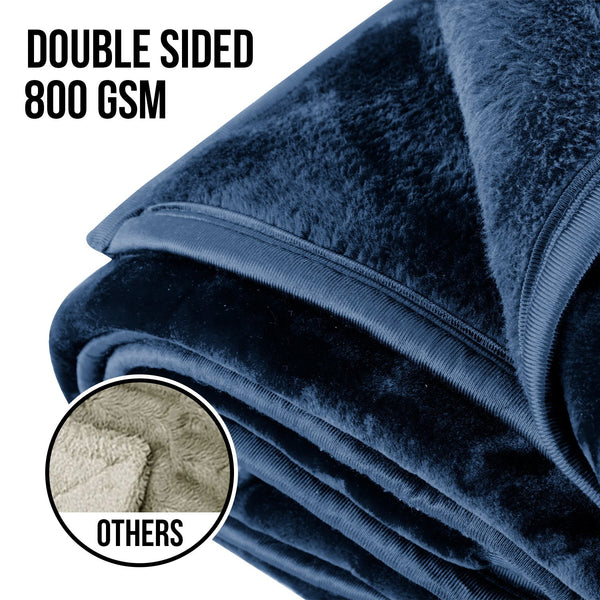 Laura Hill Double Sided 220 x 240cm Faux Mink Throw Rug Blanket 800gsm Blue