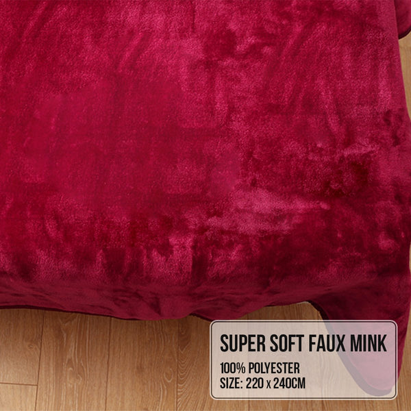 Laura Hill Double Sided 220 x 240cm Faux Mink Throw Rug Blanket 800gsm Red