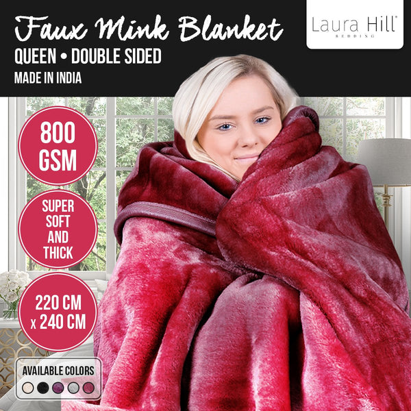 Laura Hill Double Sided 220 x 240cm Faux Mink Throw Rug Blanket 800gsm Red