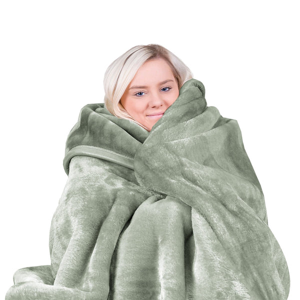 Laura Hill Double Sided Faux Mink Throw Rug Blanket 600gsm Sage Green Queen