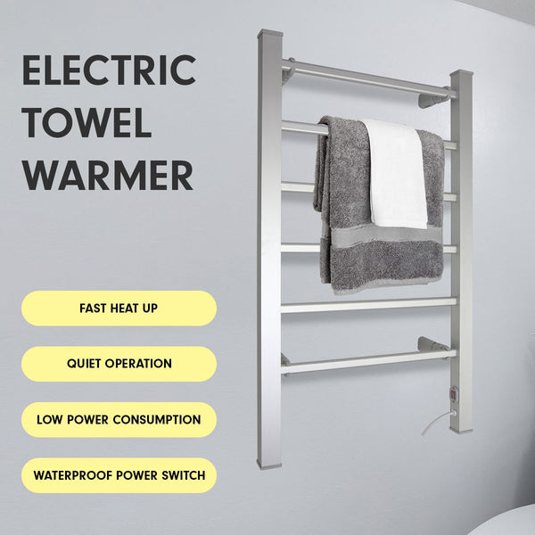 Pronti Wall Mounted Electric Heated Towel Clothes Rail Rack 6 Bar Warmer 100W