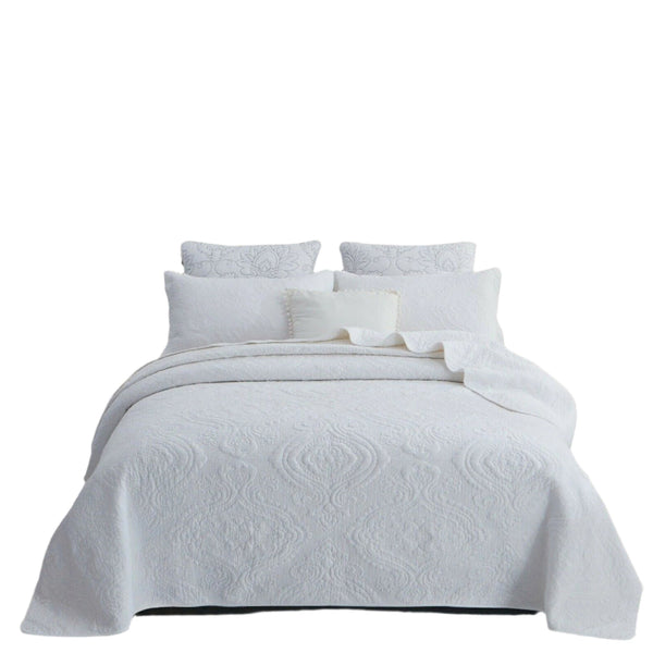 Textured Damask Cotton Quilted Bedspread Coverlet Set White Queen