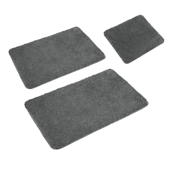 Sleim Set of 3 Bath Mats Shaggy Polyester Charcoal Smoke Grey