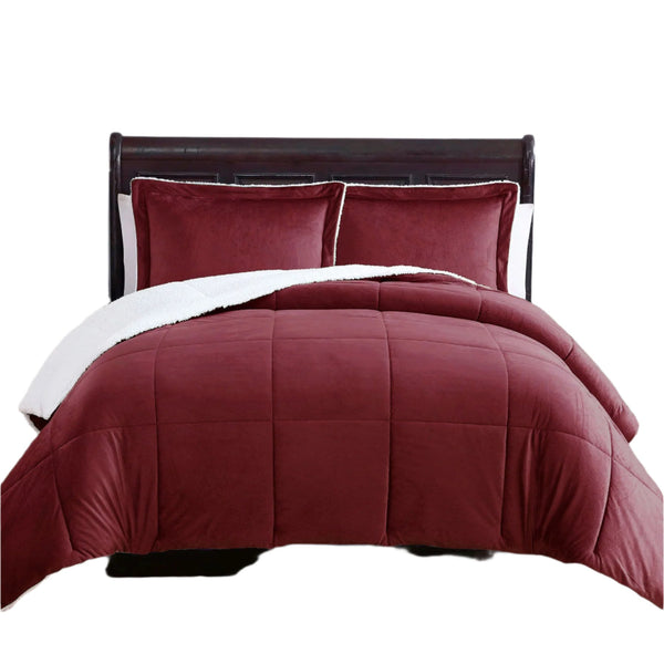 3 Piece Micro Mink Sherpa Fleece Bedspread Comforter Coverlet Burgundy Queen