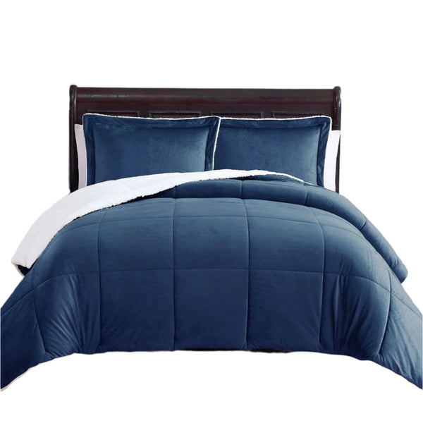 3 Piece Micro Mink Sherpa Fleece Bedspread Comforter Coverlet Navy Queen