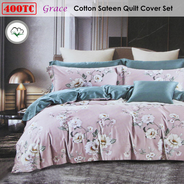 Grace Floral 400TC Cotton Sateen Quilt Doona Duvet Purple King