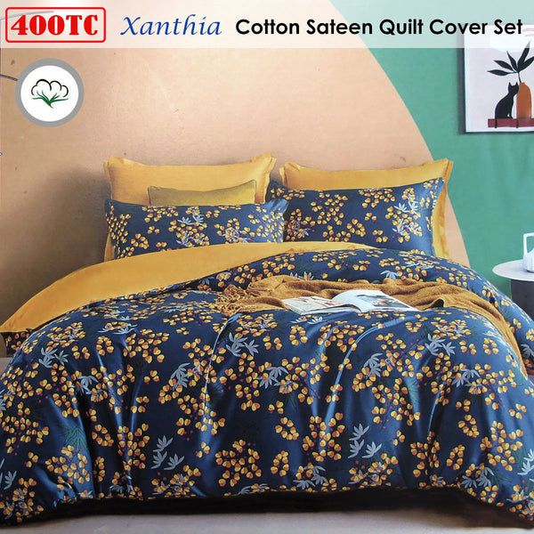Xanthia Floral 400TC Cotton Sateen Quilt Doona Duvet Cover Navy Blue Queen