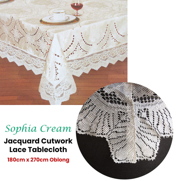 Chapel Gate Sophia Cream Jacquard Cutwork Lace Tablecloth 180 x 270cm