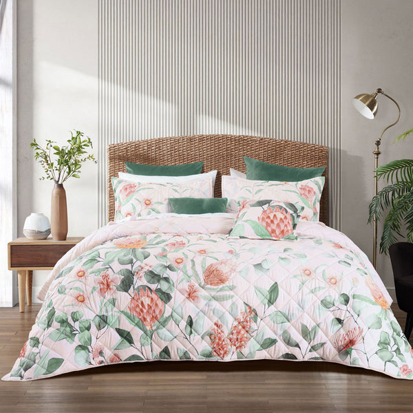 Bianca Sidney Floral Protea Quilted Bedspread Comforter Coverlet Blush Single
