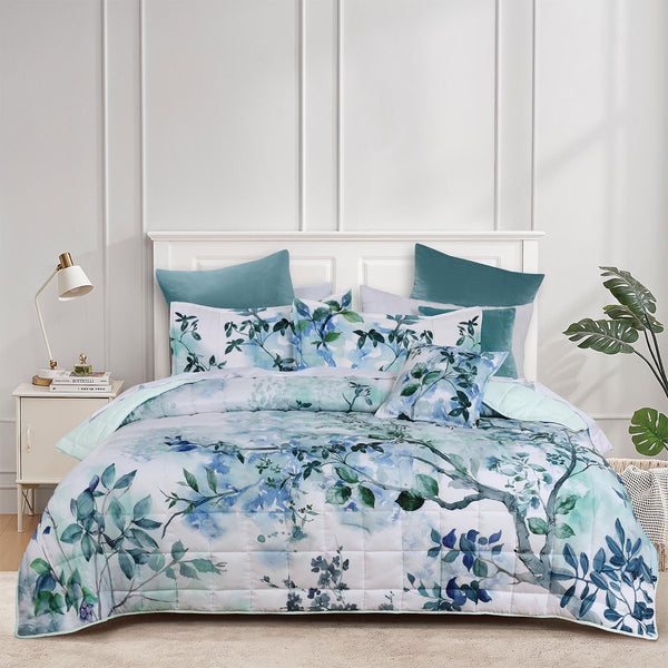 Bianca Woodbury Botanical Printed Bedspread Comforter Coverlet Blue Queen