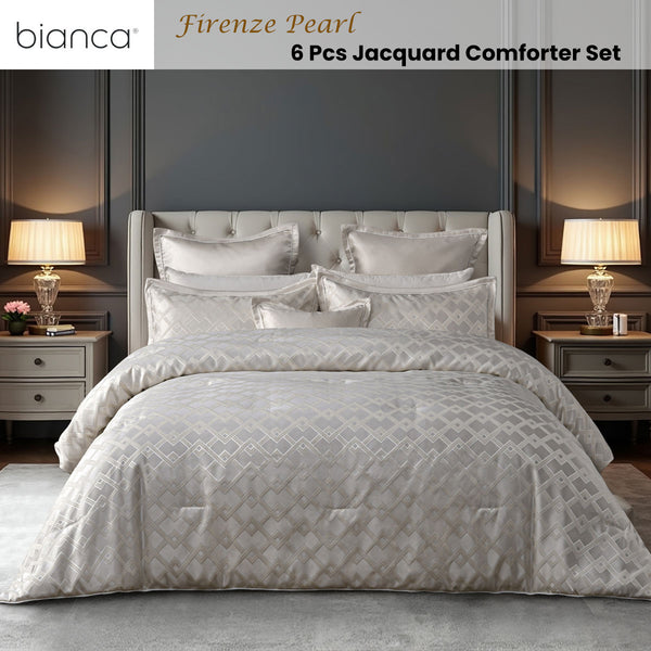 Bianca 6 Pce Firenze Geometric Bedspread Comforter Coverlet Pearl Super King