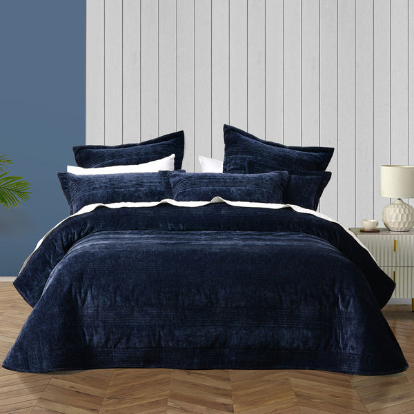 Bianca Cyrano Velvet Quilted Bedspread Coverlet Comforter Super King Indigo