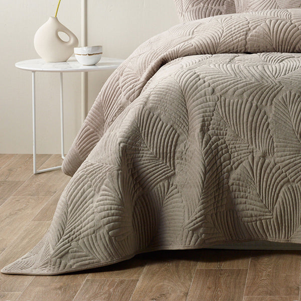 Bianca Kairo Leaf Velvet Bedspread Comforter Coverlet Taupe Queen / King