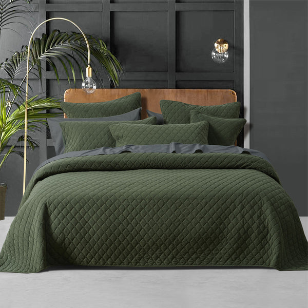Bianca Lester Velvet Diamond Bedspread Comforter Coverlet Olive Green Queen King