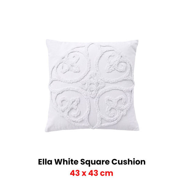 Bianca Ella Floral Cotton Chenille Square Filled Cushion White 43cm