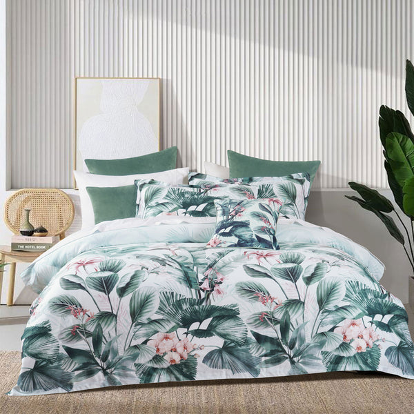 Bianca Abbey Tropical Floral Cotton Quilt Doona Duvet Cover Green Super King