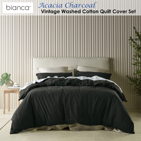 Bianca Acacia Vintage Washed Cotton Quilt Doona Duvet Cover Charcoal Queen
