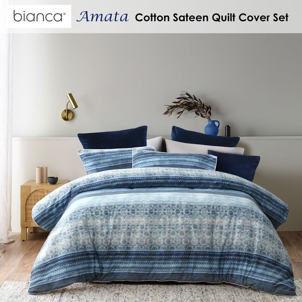 Bianca Amata Cotton Sateen Quilt Doona Duvet Cover Blue King