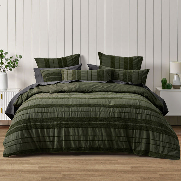 Bianca Avery Chenille Striped Quilt Doona Duvet Cover Forest Green Super King