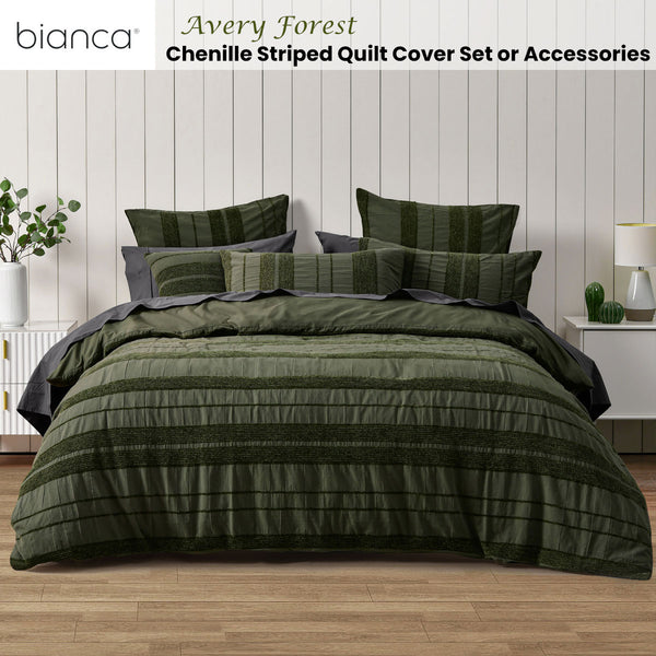 Bianca Avery Chenille Striped Quilt Doona Duvet Cover Forest Green Super King