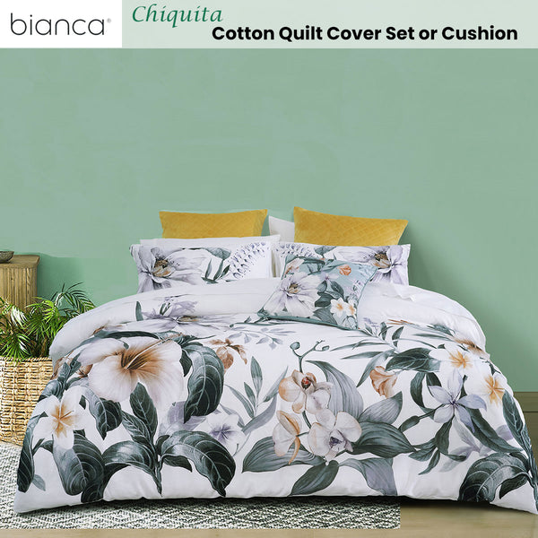 Bianca Chiquita Floral Cotton Quilt Doona Duvet Cover Set White Queen