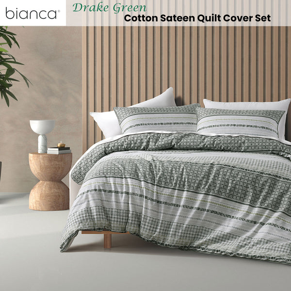 Bianca Drake Geometric Cotton Sateen Quilt Doona Duvet Cover Green Super King