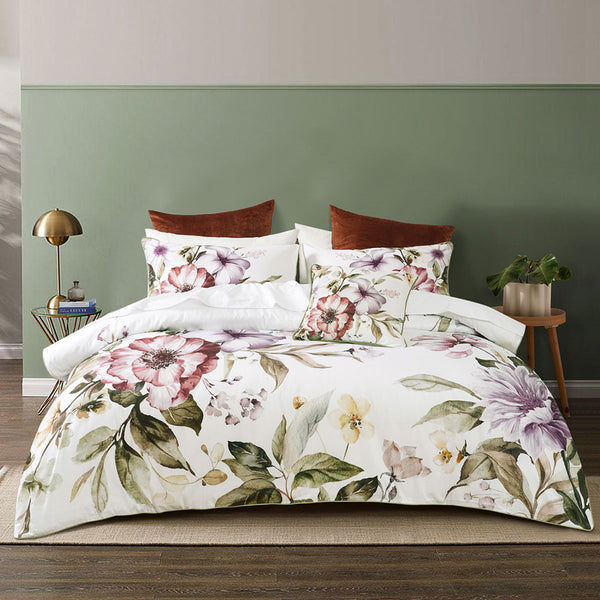 Bianca Minette Floral Cotton Sateen Quilt Doona Duvet Cover White Queen