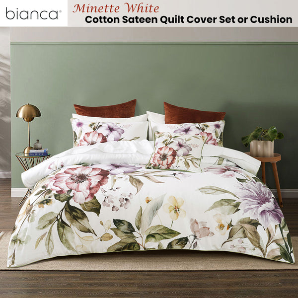 Bianca Minette Floral Cotton Sateen Quilt Doona Duvet Cover White Queen