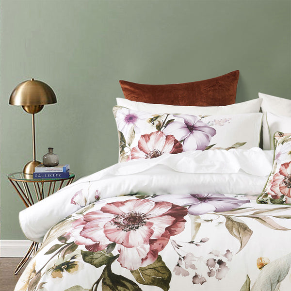 Bianca Minette Floral Cotton Sateen Quilt Doona Duvet Cover White Queen