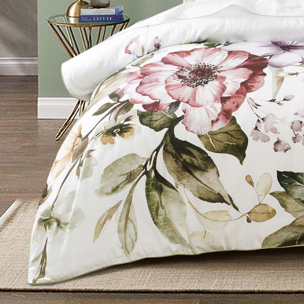 Bianca Minette Floral Cotton Sateen Quilt Doona Duvet Cover White Queen