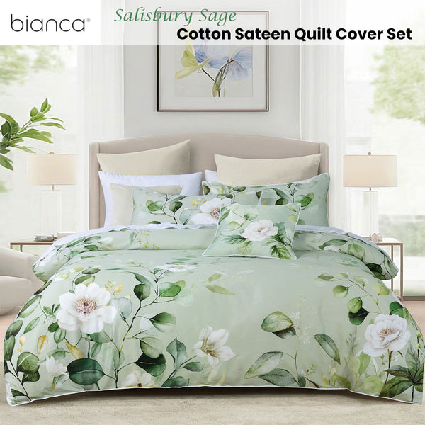 Bianca Salisbury Floral Cotton Sateen Quilt Doona Duvet Cover Sage Queen